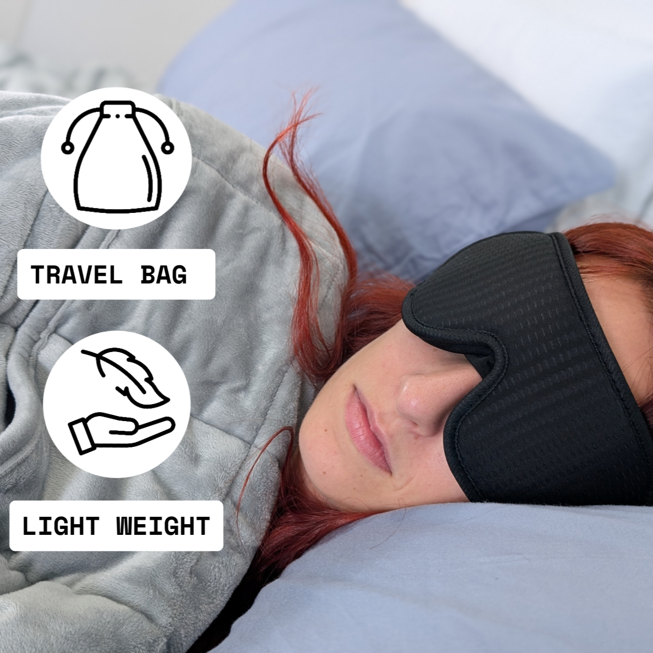Person wearing a black sleep mask with icons and text indicating travel bag and light weight features.