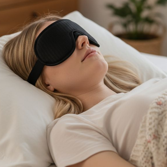 A woman lying in bed under a light-colored blanket, wearing a black sleep mask. The bedroom setting is softly lit with a glowing bedside lamp and warm ambient light, with a wooden nightstand and potted plants in the background.