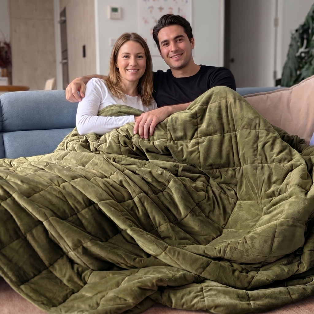 Two people sitting on a couch under a green weighted blanket in a living room.