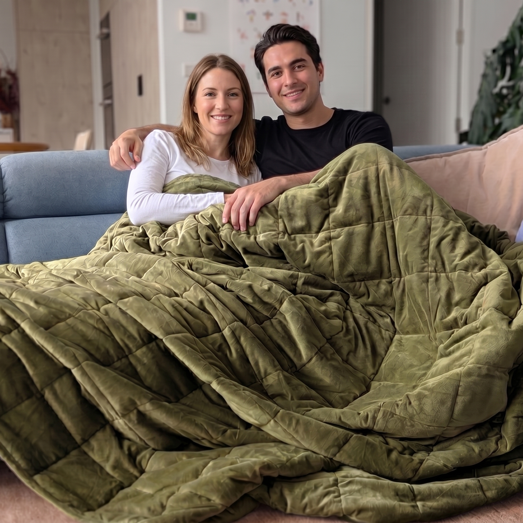 Two people sitting on a couch under a green weighted blanket in a living room.