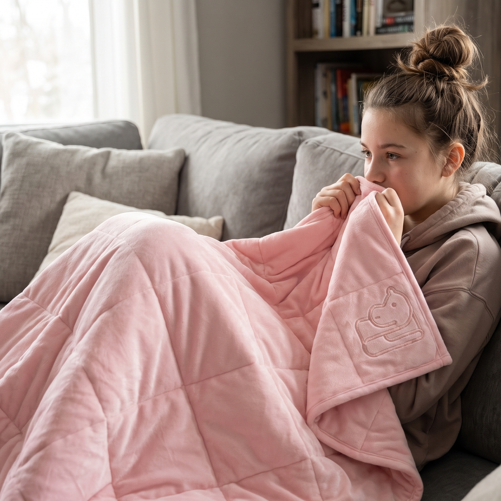 A woman sits on a gray couch in a living room, wrapped in a soft pink weightedblanket with a small embroidered pumpkin design visible on the corner.