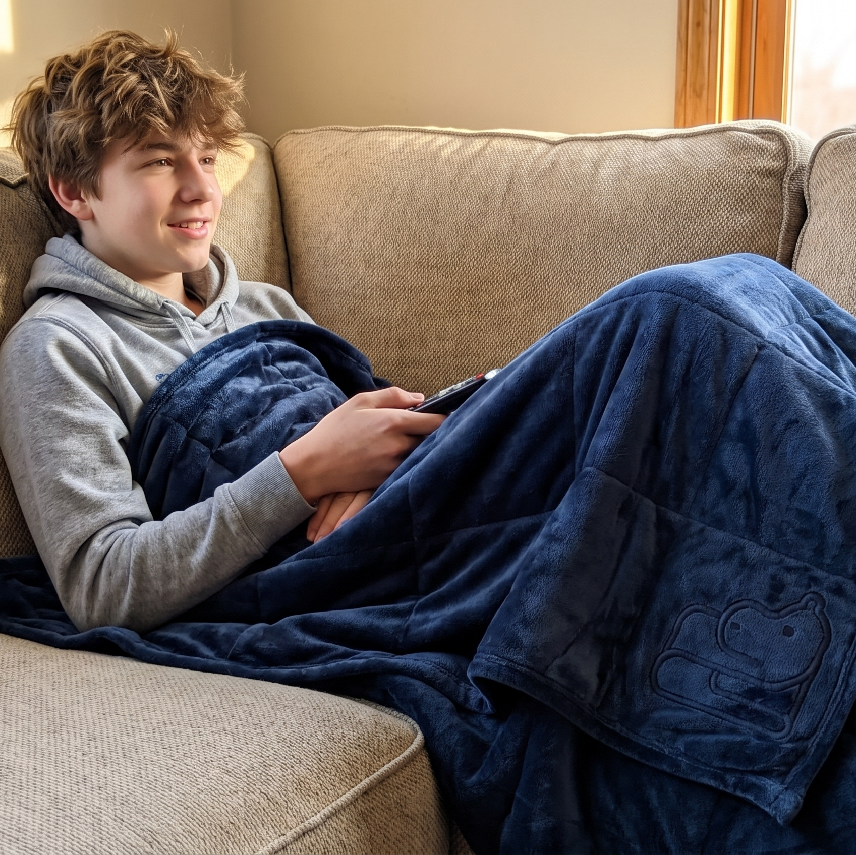 A young man with curly brown hair lies on a beige couch, wrapped in a dark blue weighted blanket. He is wearing a gray hoodie and holding a smartphone.
