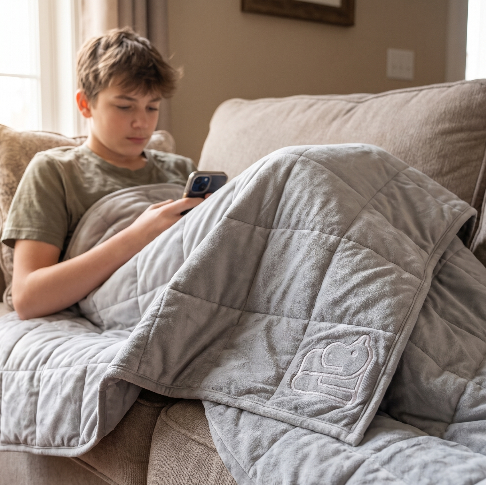 A young man sits on a beige couch in a living room, wrapped in a light gray weighted blanket while looking at his phone.
