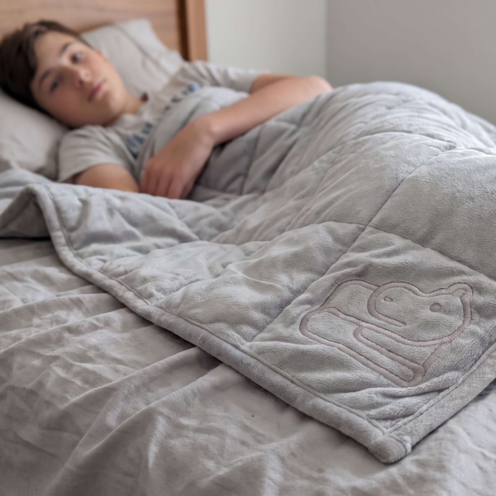 A teen lying in bed under a light gray plush weighted blanket with an embroidered bear design, in a softly lit bedroom.