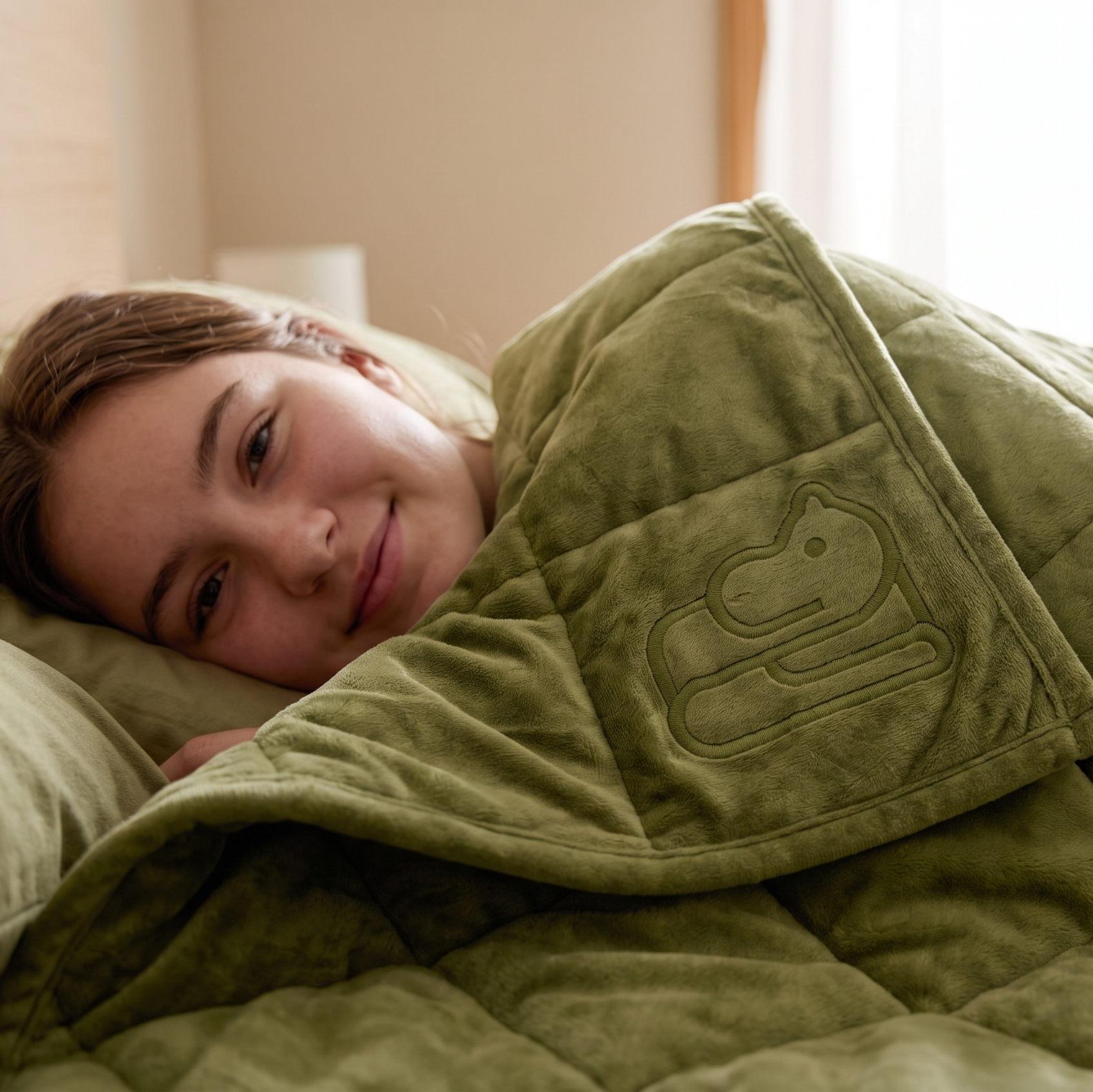 A woman lying in bed under a quilted sage green weighted blanket with an embroidered duck motif, in a softly lit bedroom setting.