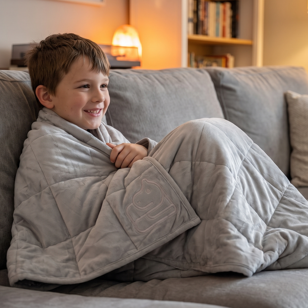 A young boy smiling while sitting on a gray sectional sofa, wrapped in a light gray weighted blanket. The cozy living room background features bookshelves and warm glowing lamps.