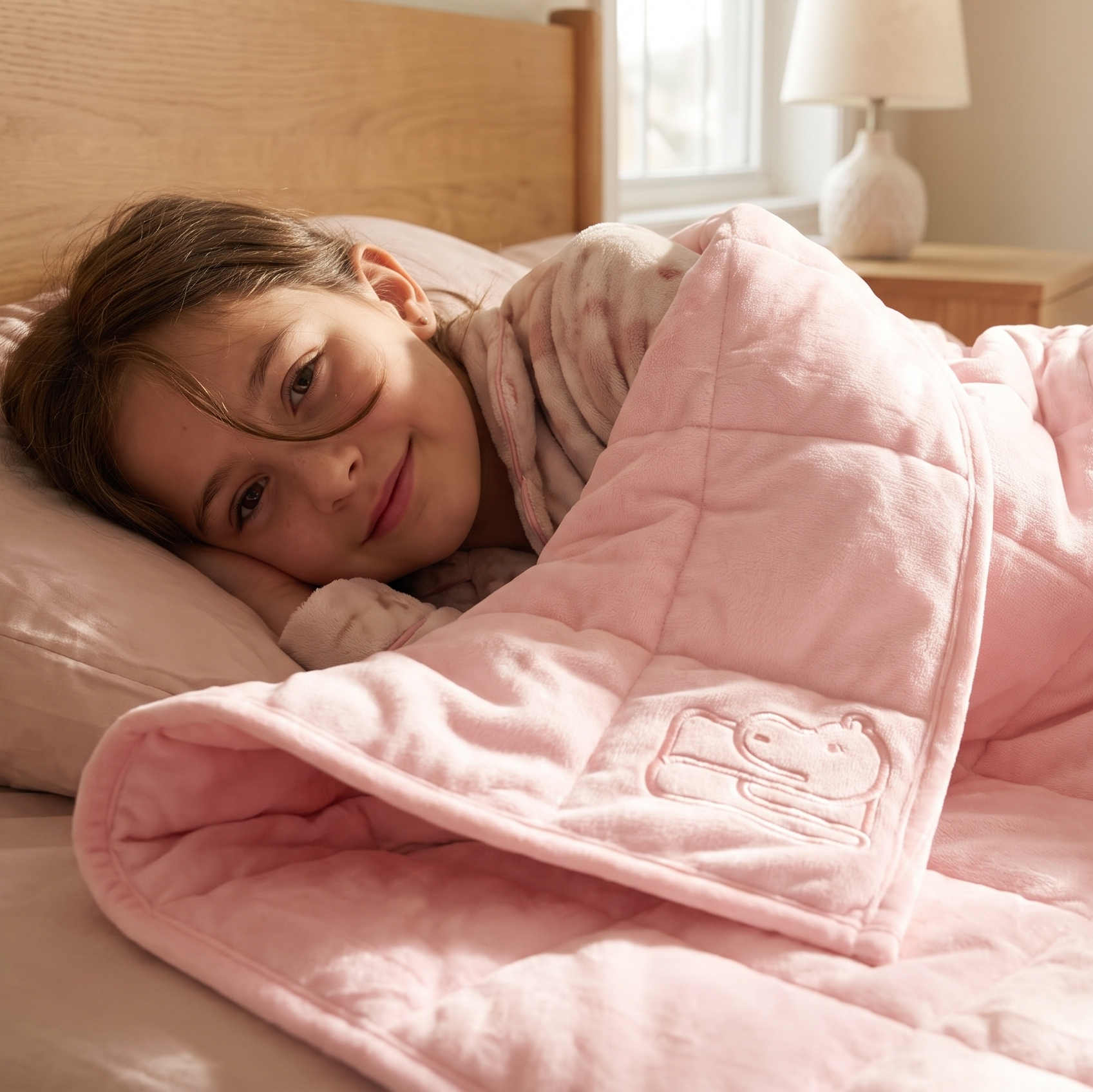 A young girl lying in bed under a soft pink weighted blanket with an embroidered hippo motif, in a cozy bedroom setting.