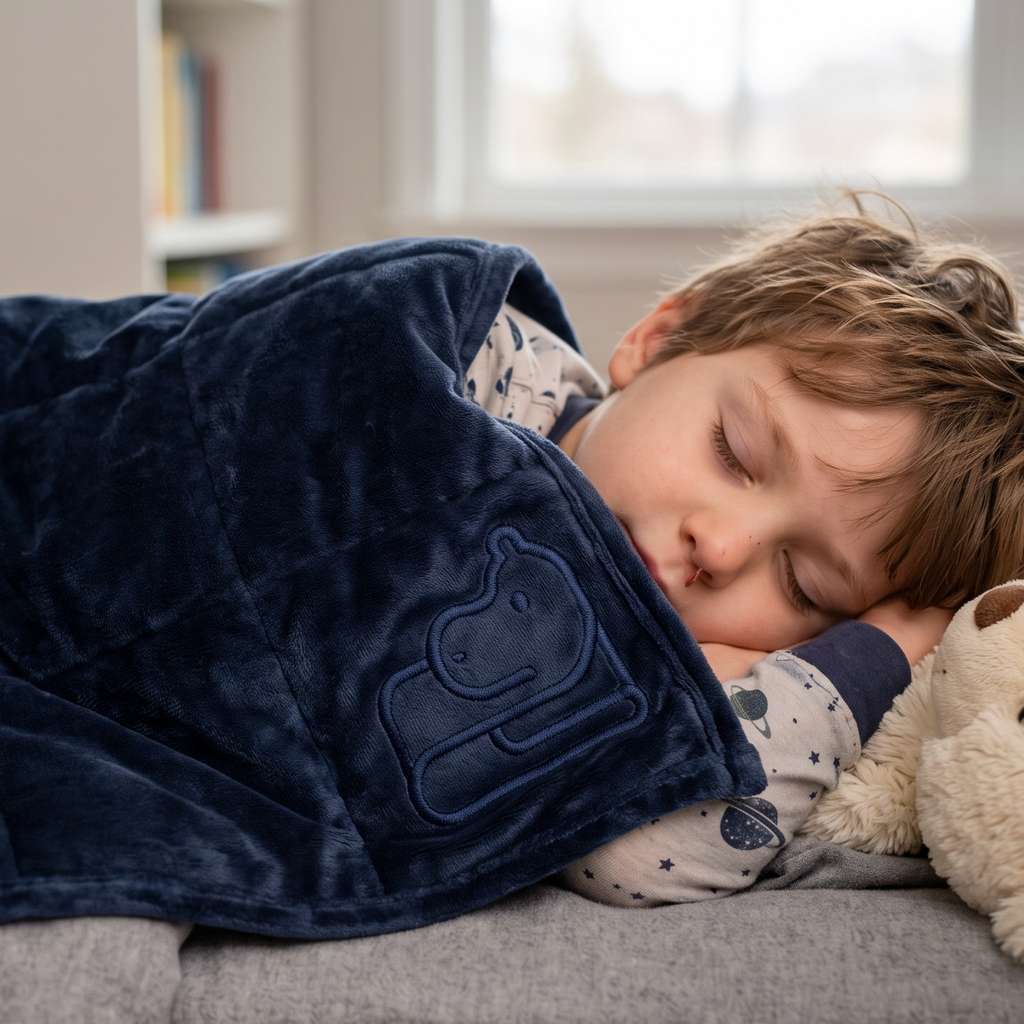 A child sleeping soundly on a gray bed, covered with a dark navy blue weighted blanket featuring a hippo. A cream-colored teddy bear rests beside the child, with a softly lit bedside lamp and a cozy room background.