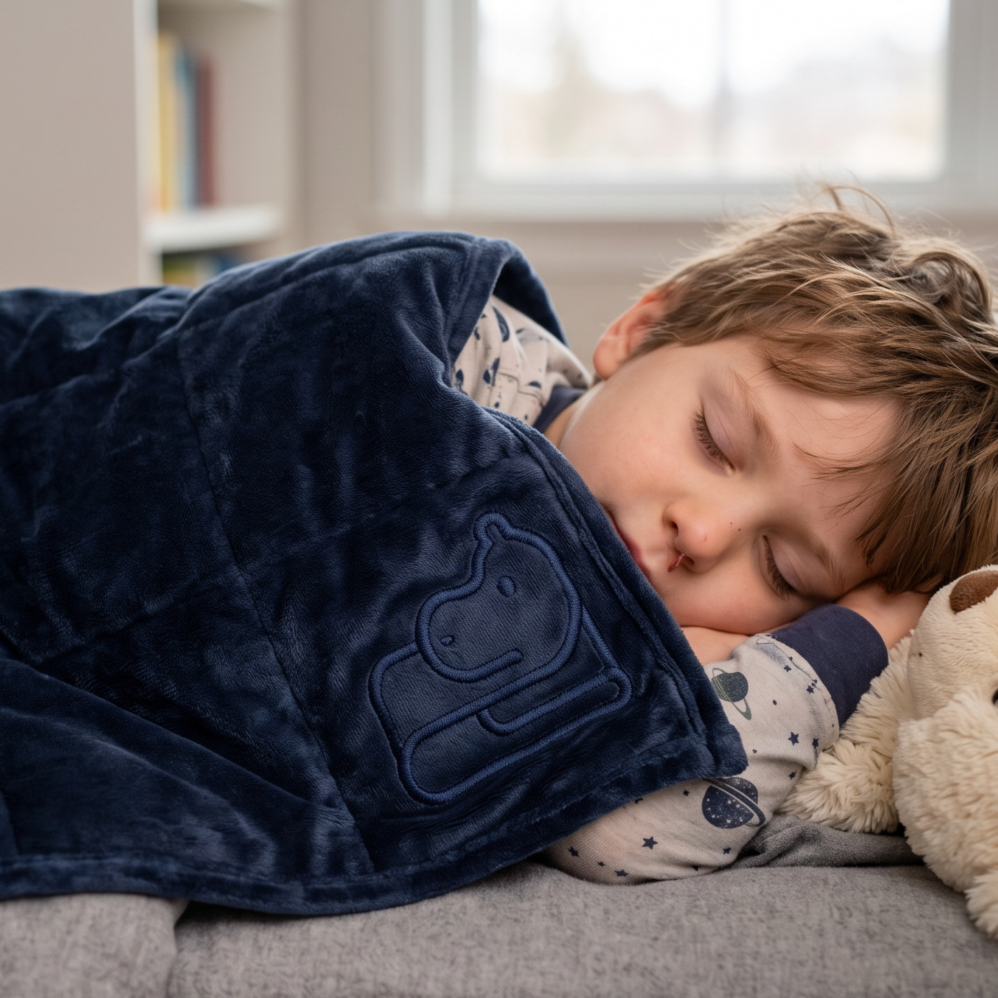 A child sleeping soundly on a gray bed, covered with a dark navy blue weighted blanket featuring a hippo. A cream-colored teddy bear rests beside the child, with a softly lit bedside lamp and a cozy room background.