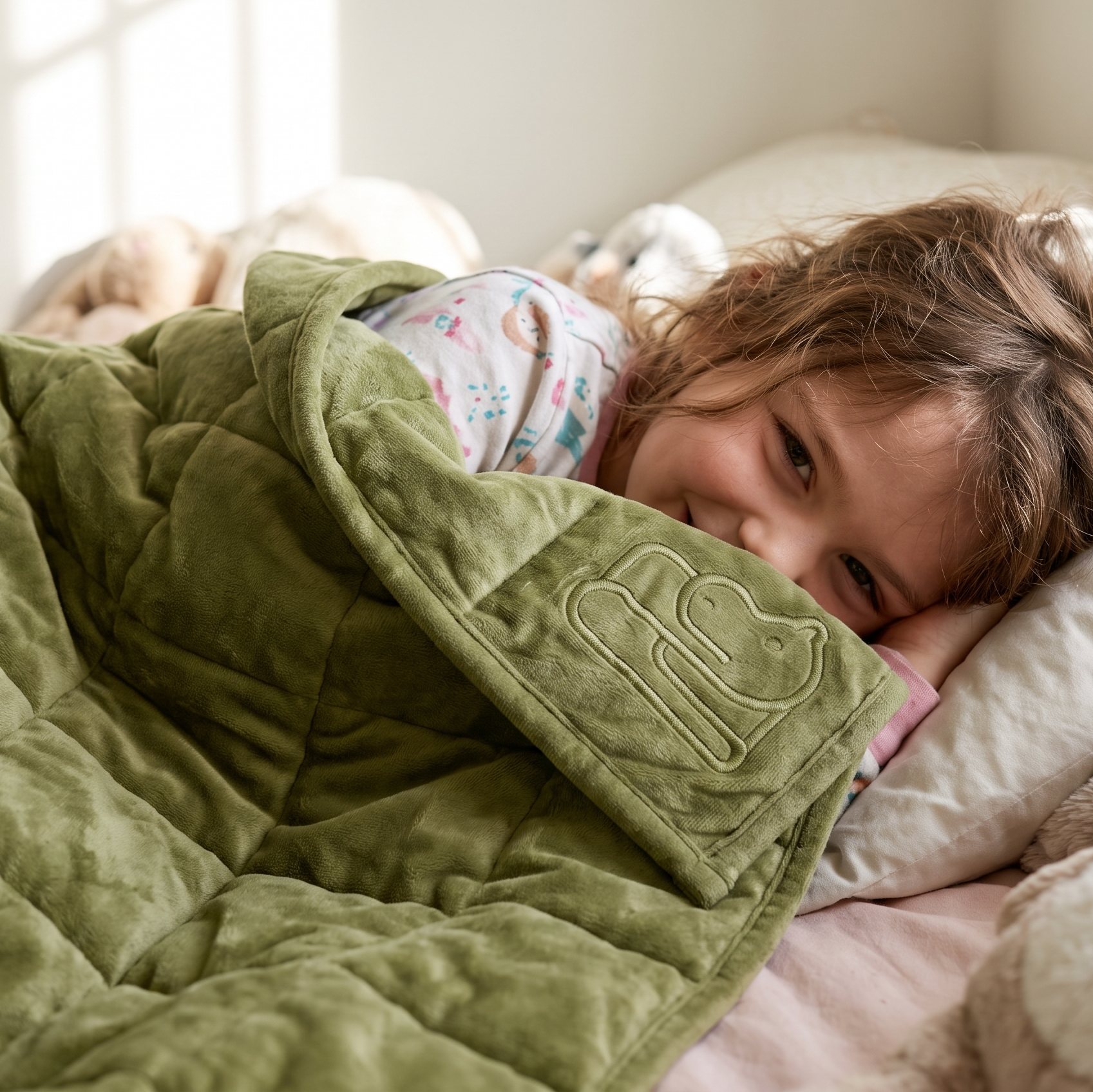 A child lying in bed under a quilted sage green weighted blanket with a large embroidered hippo, surrounded by pillows and stuffed toys in a softly lit bedroom.