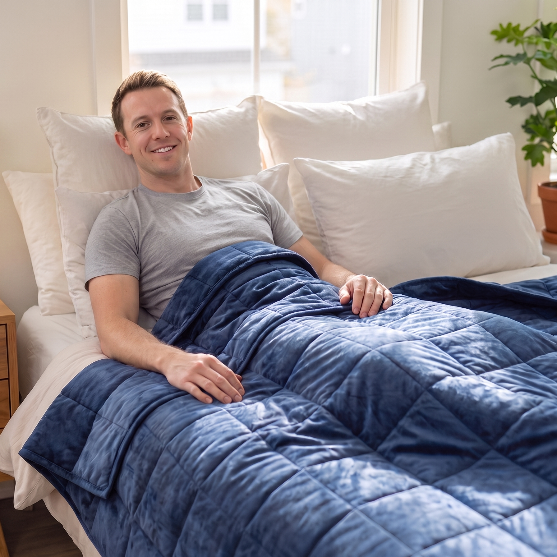 A smiling man lies in bed under a plush navy blue weighted blanket, surrounded by white pillows and bedding in a bright bedroom with a wooden nightstand and potted plant.