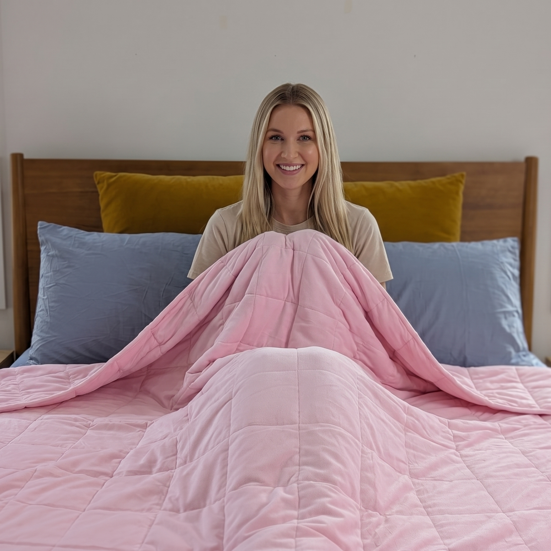A smiling blonde woman sits in bed under a light pink weighted blanket, with blue pillows and a wooden headboard behind her in a bright bedroom.