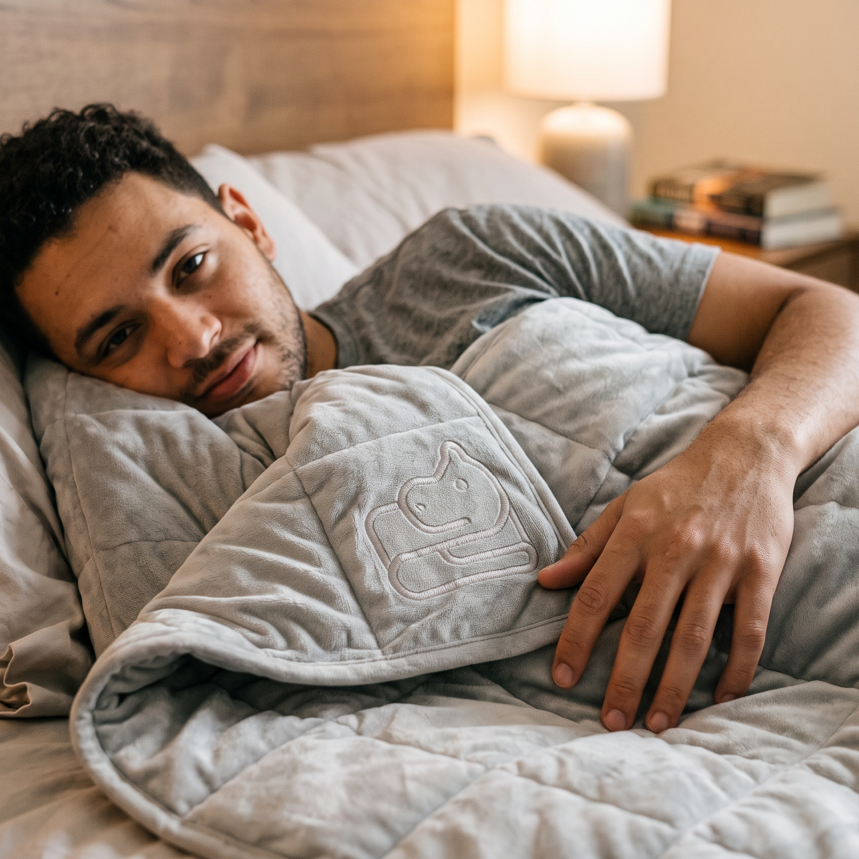 A man lying in bed under a light gray weighted blanket with a cat-shaped patch, wearing a gray t-shirt in a warmly lit bedroom.