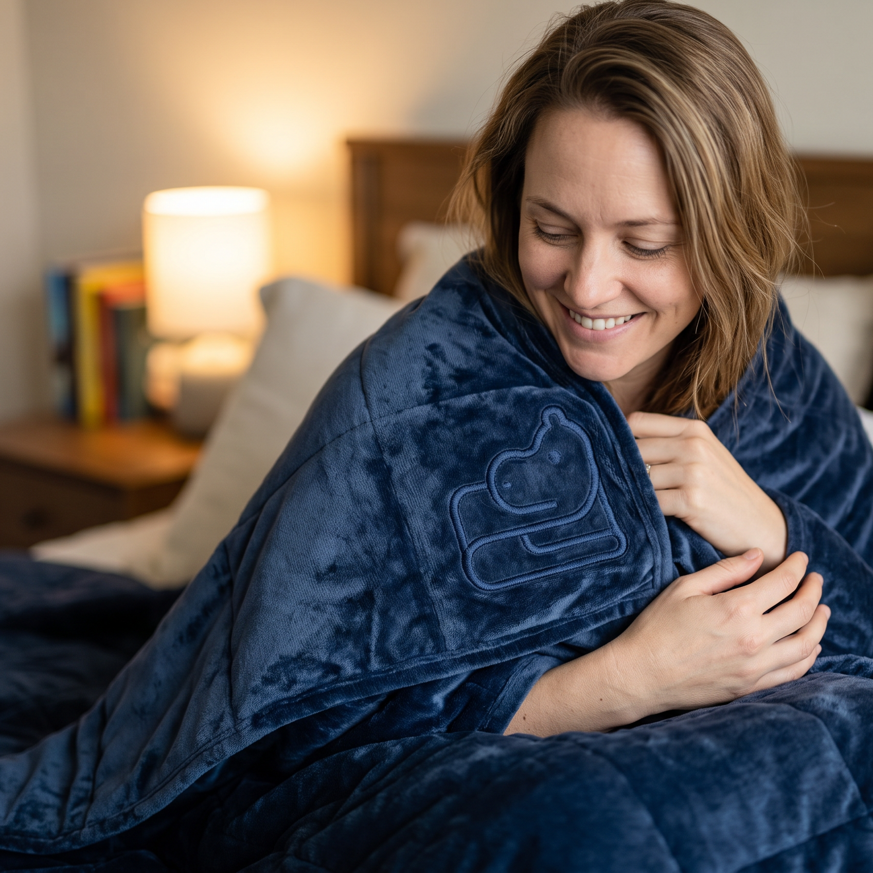 A woman smiling while wrapped in a plush navy blue weighted blanket on a bed in a cozy bedroom setting.