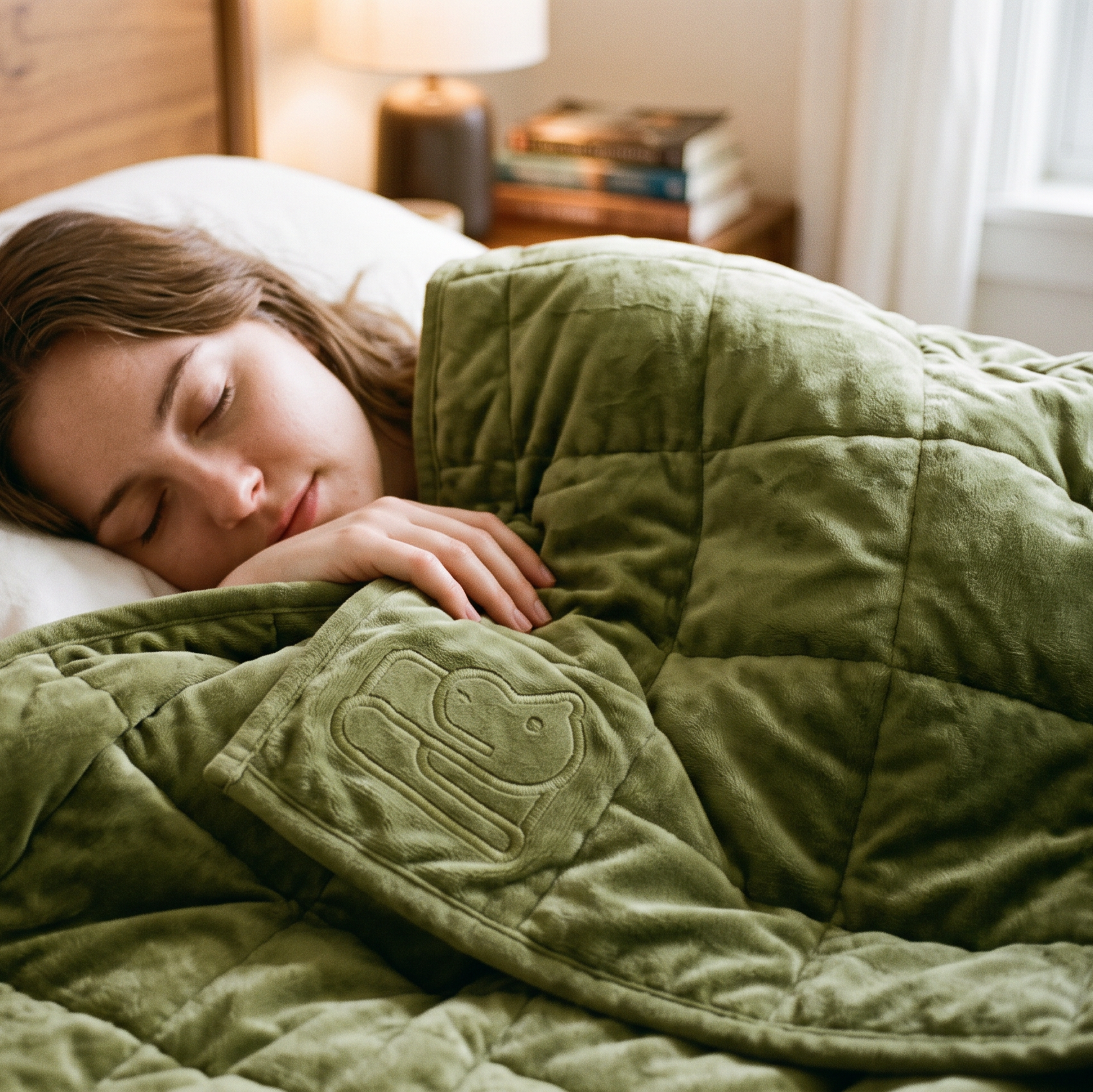 A woman sleeping soundly in bed, covered by a plush sage green weighted blanket with a monogram patch. The scene is set in a cozy bedroom with a wooden headboard, white pillows, and a warm bedside lamp in the background.