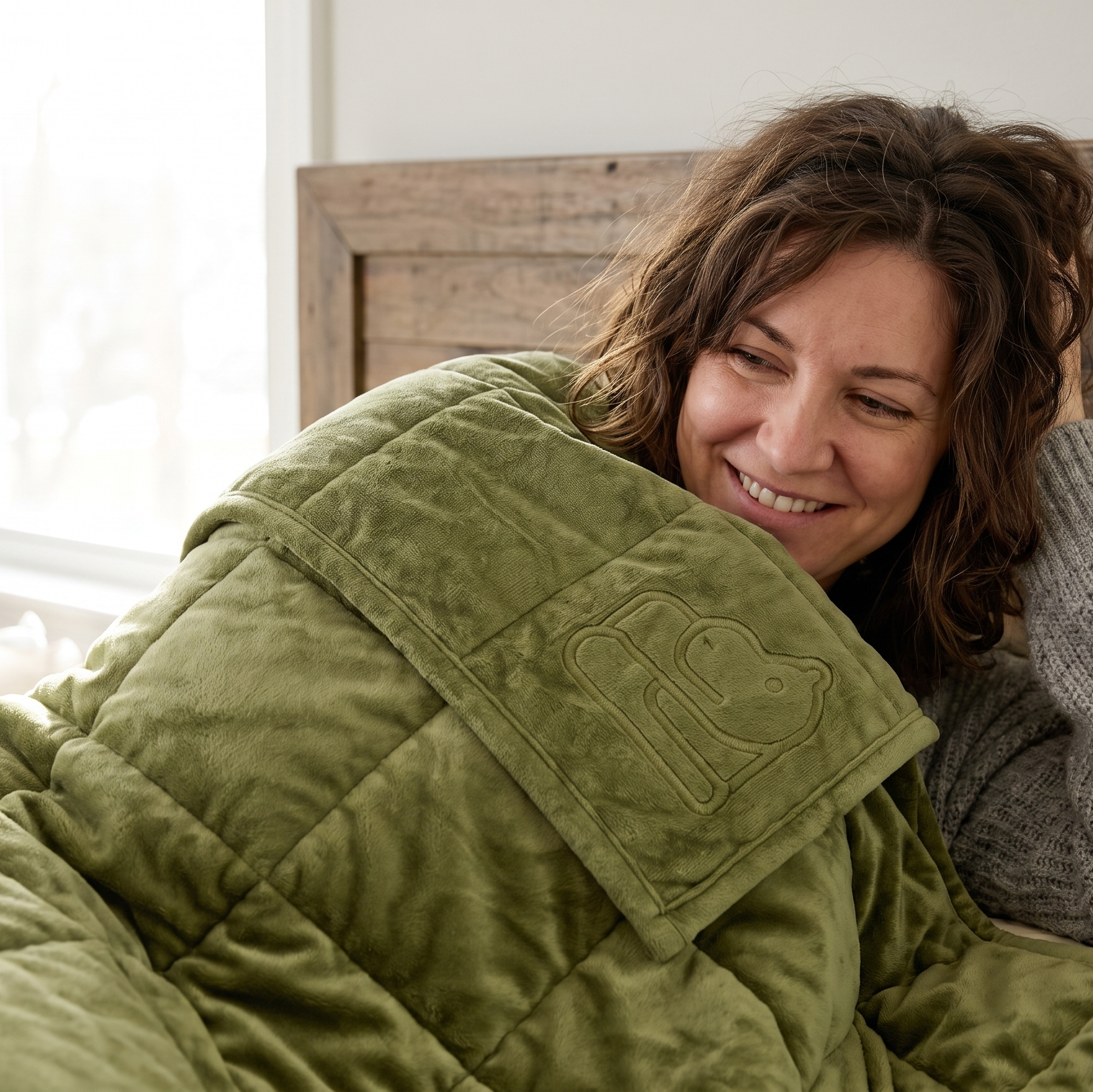 A woman smiling while lying in bed under a plush sage green weighted blanket with a teddy bear patch, next to a gray knit sweater.