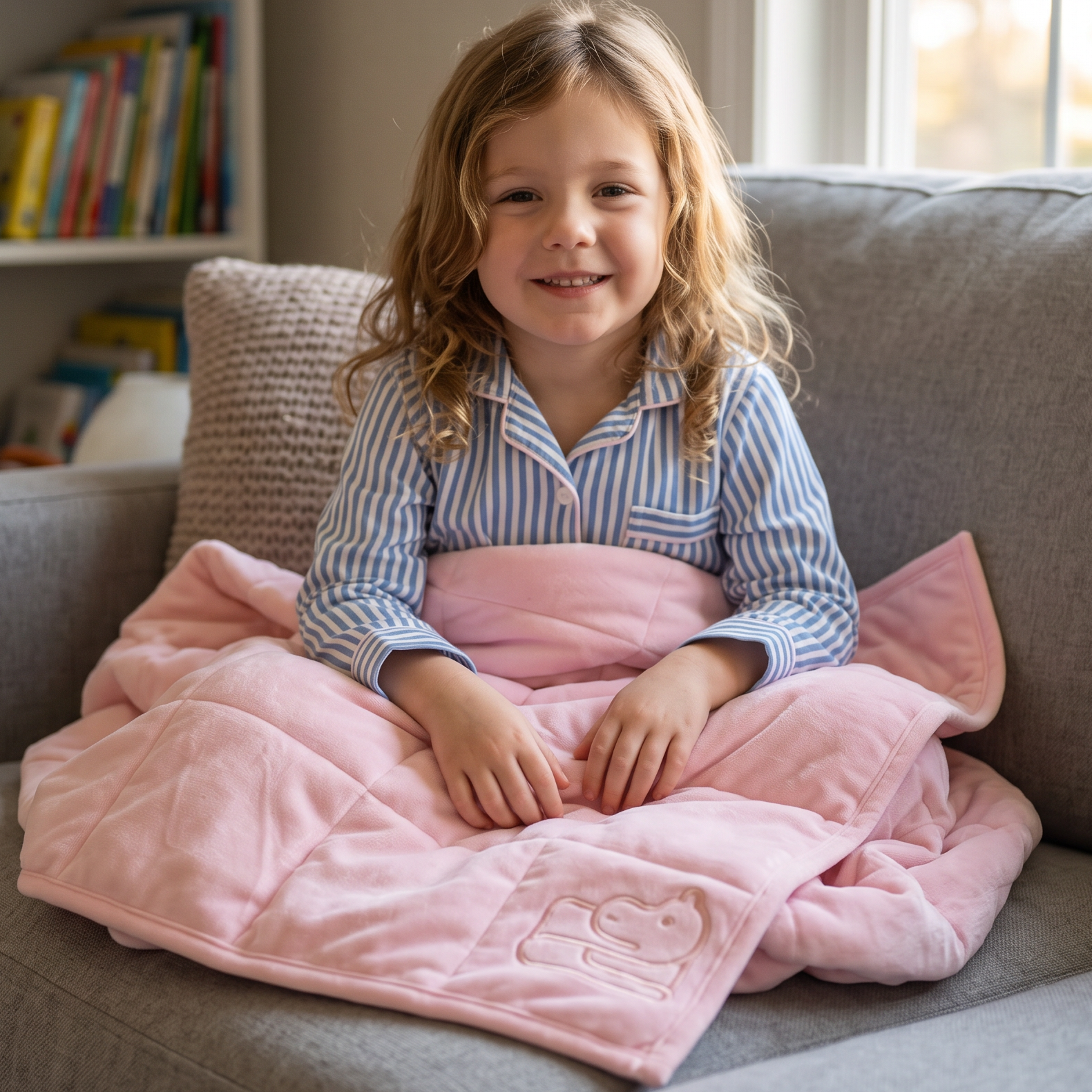 A young girl with blonde hair sits smiling on a gray sofa, wrapped in a soft pink weighted blanket. She is wearing blue and white striped pajamas.