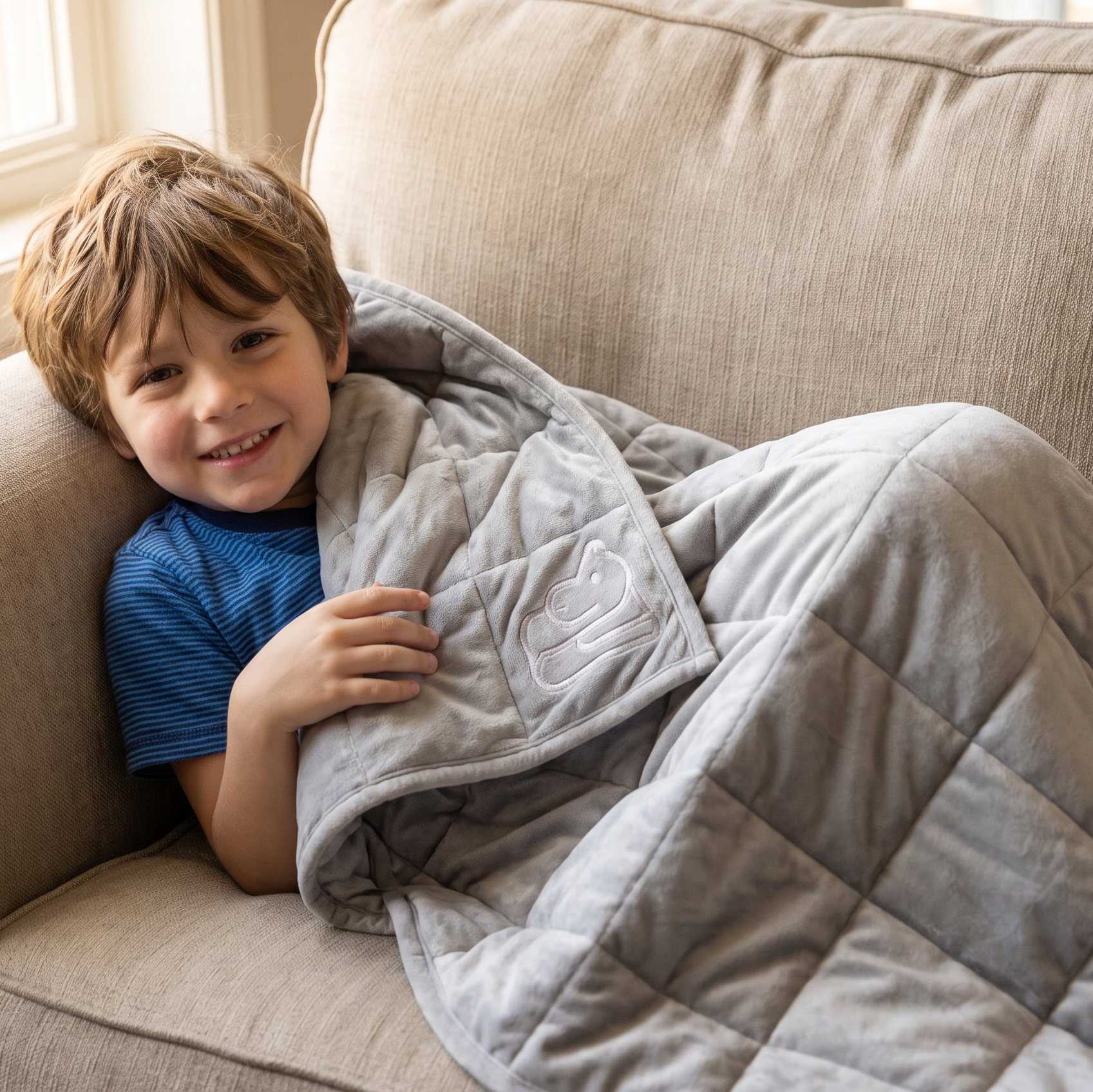 A smiling young boy with light brown hair lies on a beige couch, wrapped in a gray weighted blanket with a  embroidered hippo design.