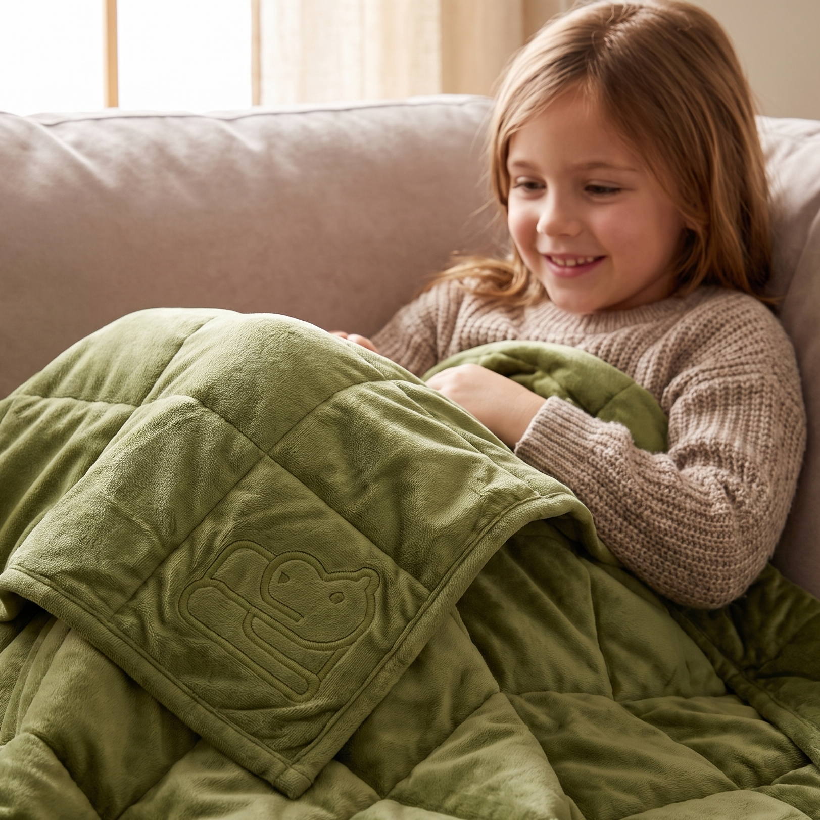 A young girl with light brown hair smiles while lying on a beige couch, wrapped in an sage green weighted blanket with a hippo embroidery.