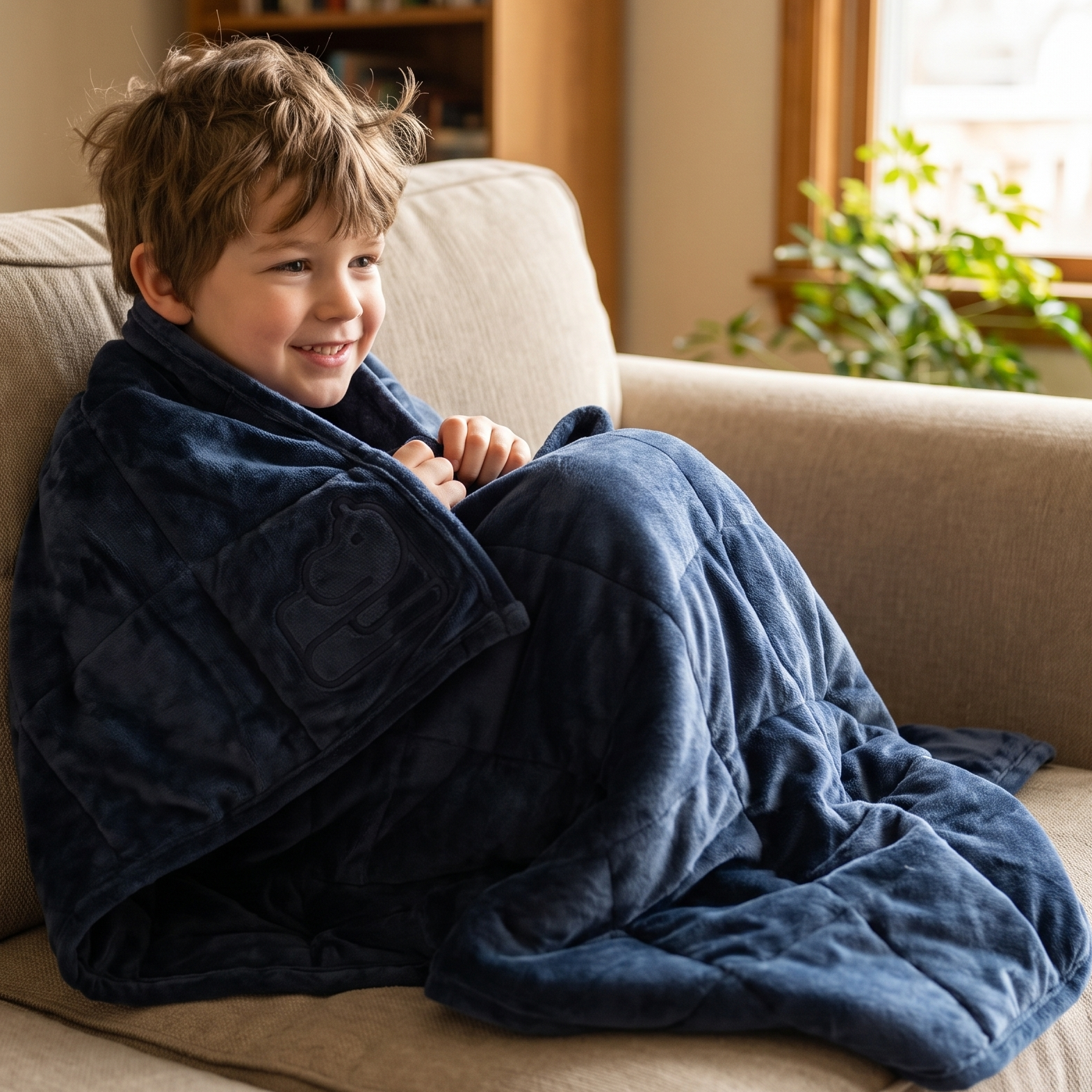 A young boy smiling while wrapped in a plush navy blue weighted blanket, sitting on a beige couch in a cozy living room.