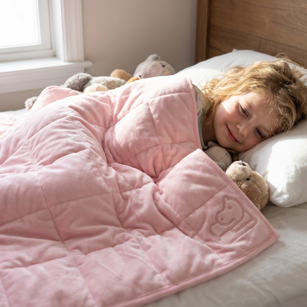 A child lying in bed under a soft pink weighted blanket, with stuffed toys beside them and a wooden headboard in the background.