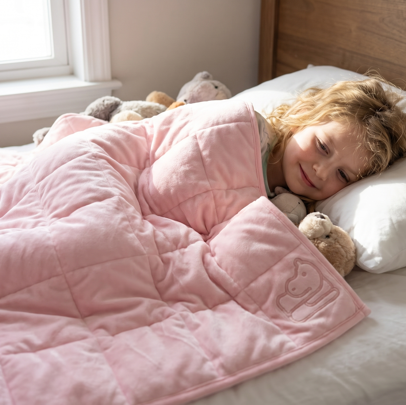 A child lying in bed under a soft pink weighted blanket, with stuffed toys beside them and a wooden headboard in the background.