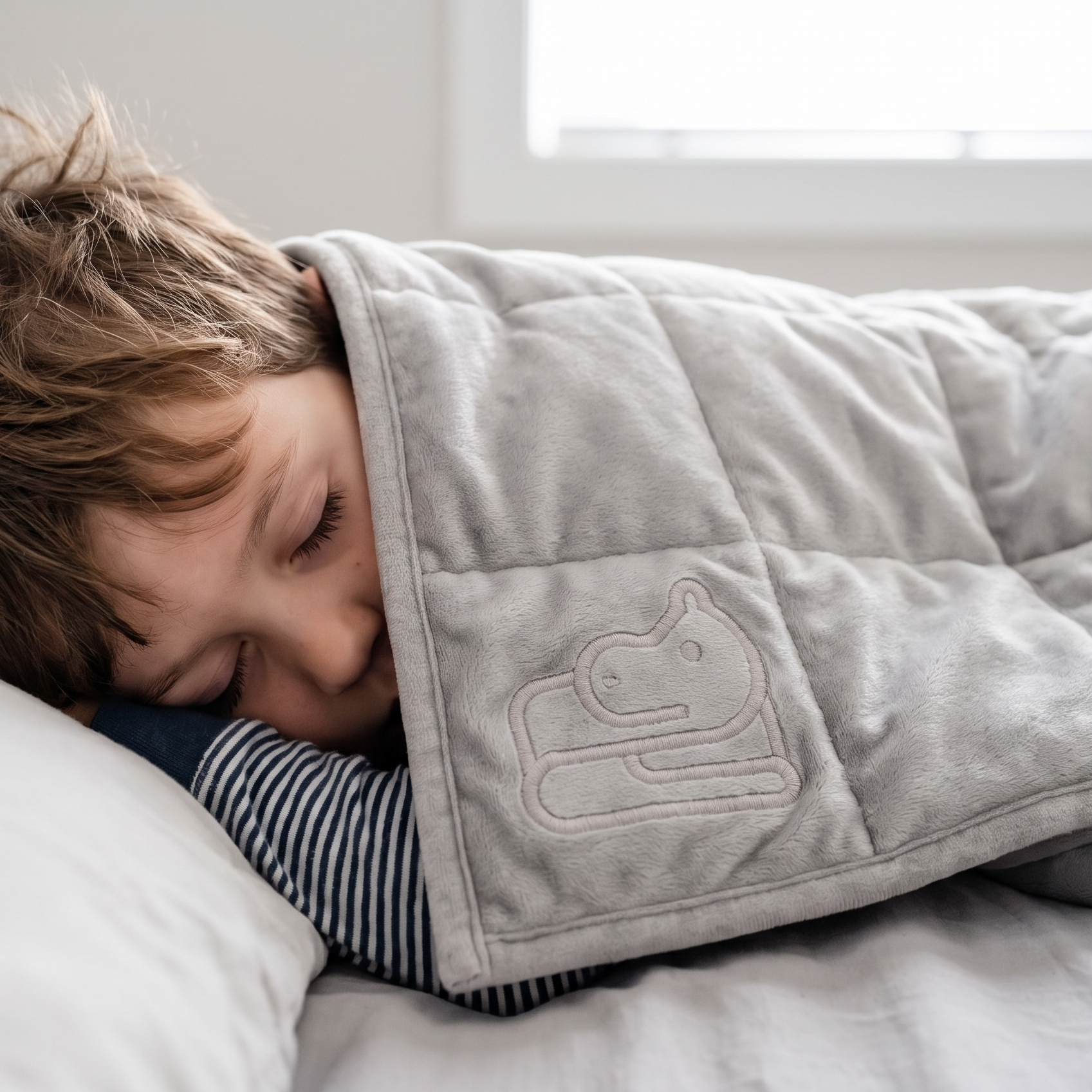 A child sleeping soundly under a light gray plush weighted blanket with a embroidered hippo outline, resting on a white pillow in a softly lit bedroom.