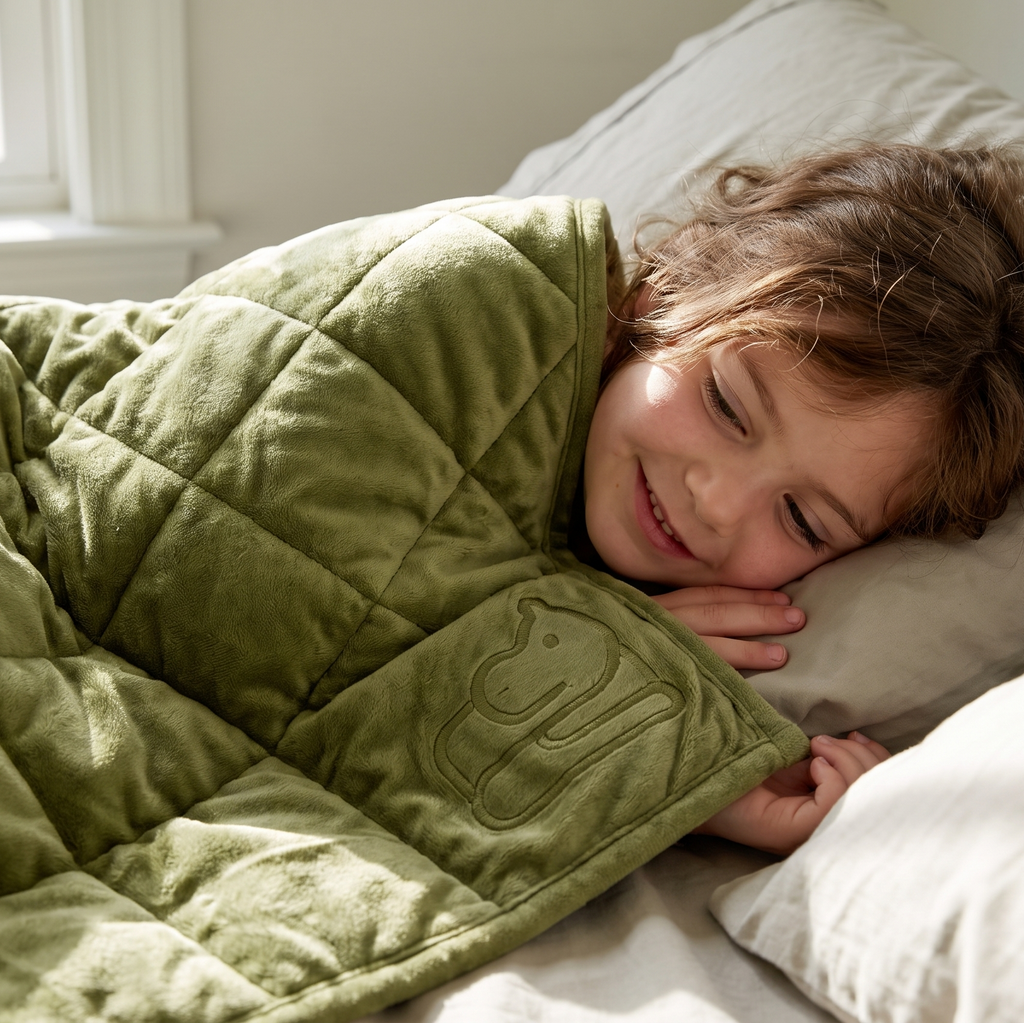 A child smiling while lying under a quilted sage green weighted blanket on a bed with white pillows.