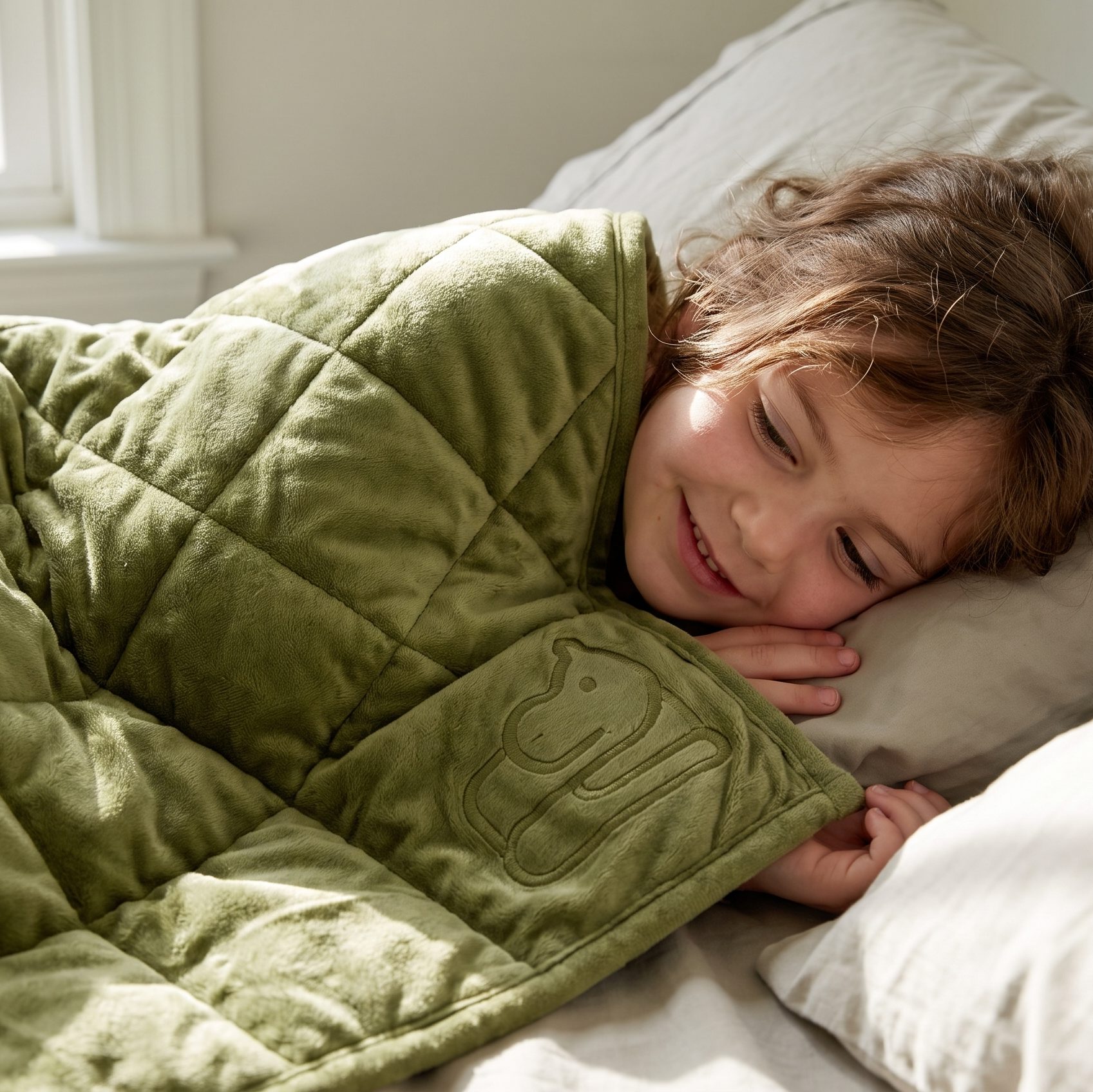 A child smiling while lying under a quilted sage green weighted blanket on a bed with white pillows.