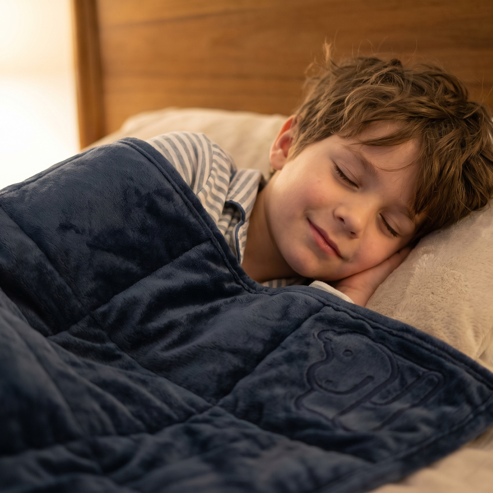 A young boy with brown hair sleeping soundly on a bed, covered with a dark navy blue plush weighted blanket. He is resting on a cream pillow against a warm wooden headboard.