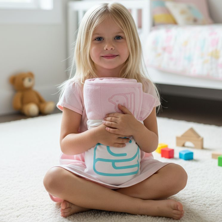 Child holding a pink weighted blanket in a child-friendly room with toys and a teddy bear.