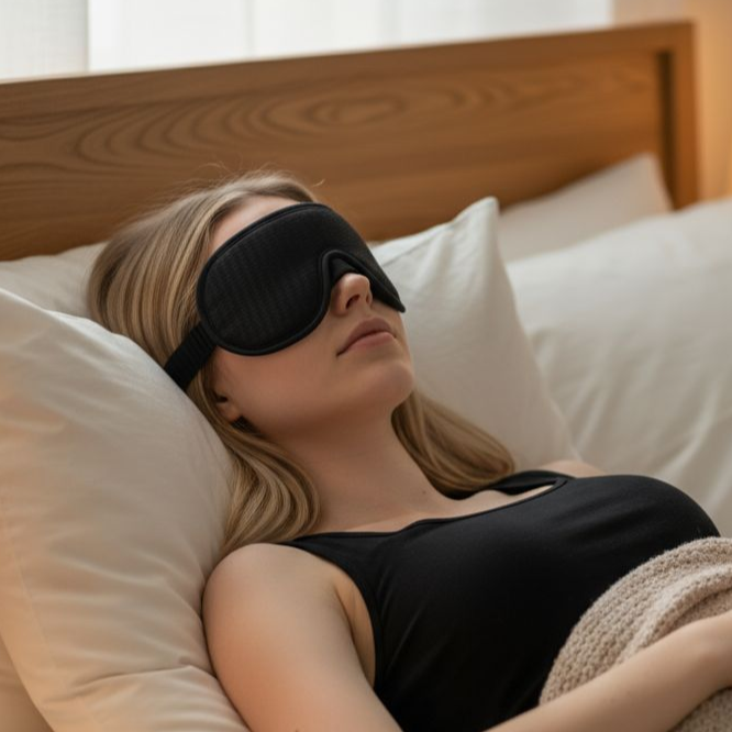 Woman wearing a black sleep mask lying on a bed with white pillows.