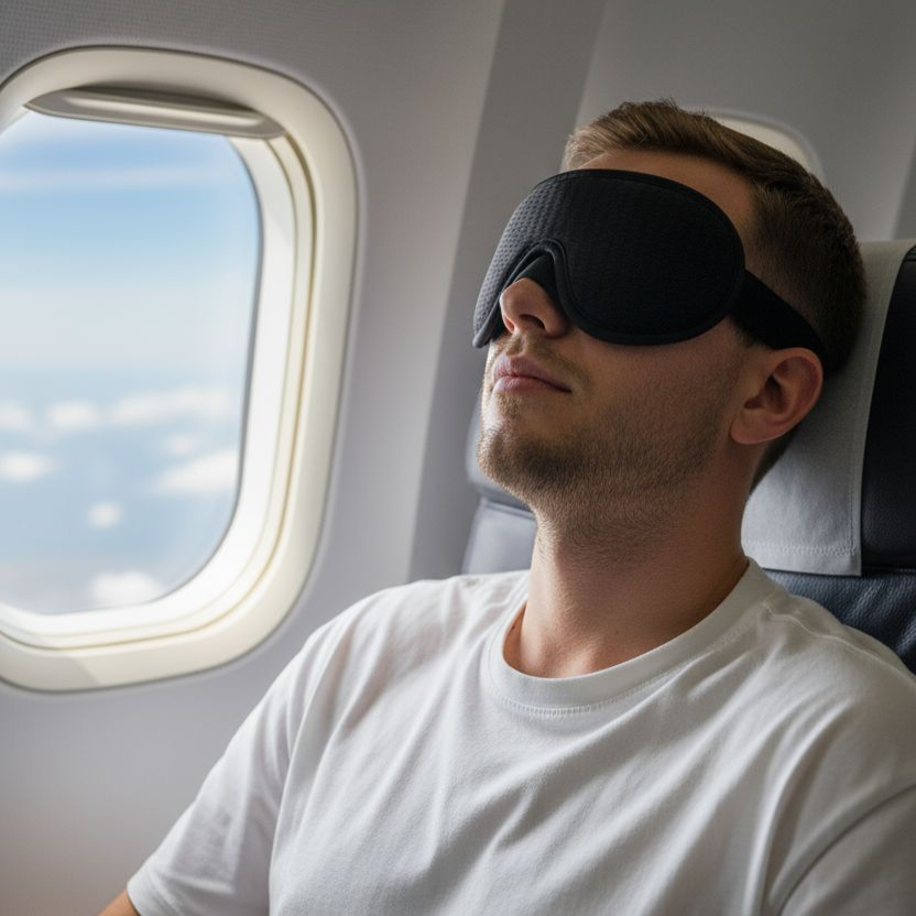 Man sleeping on an airplane with a black sleep mask.