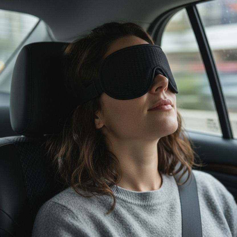 Woman wearing a black sleep mask in a car