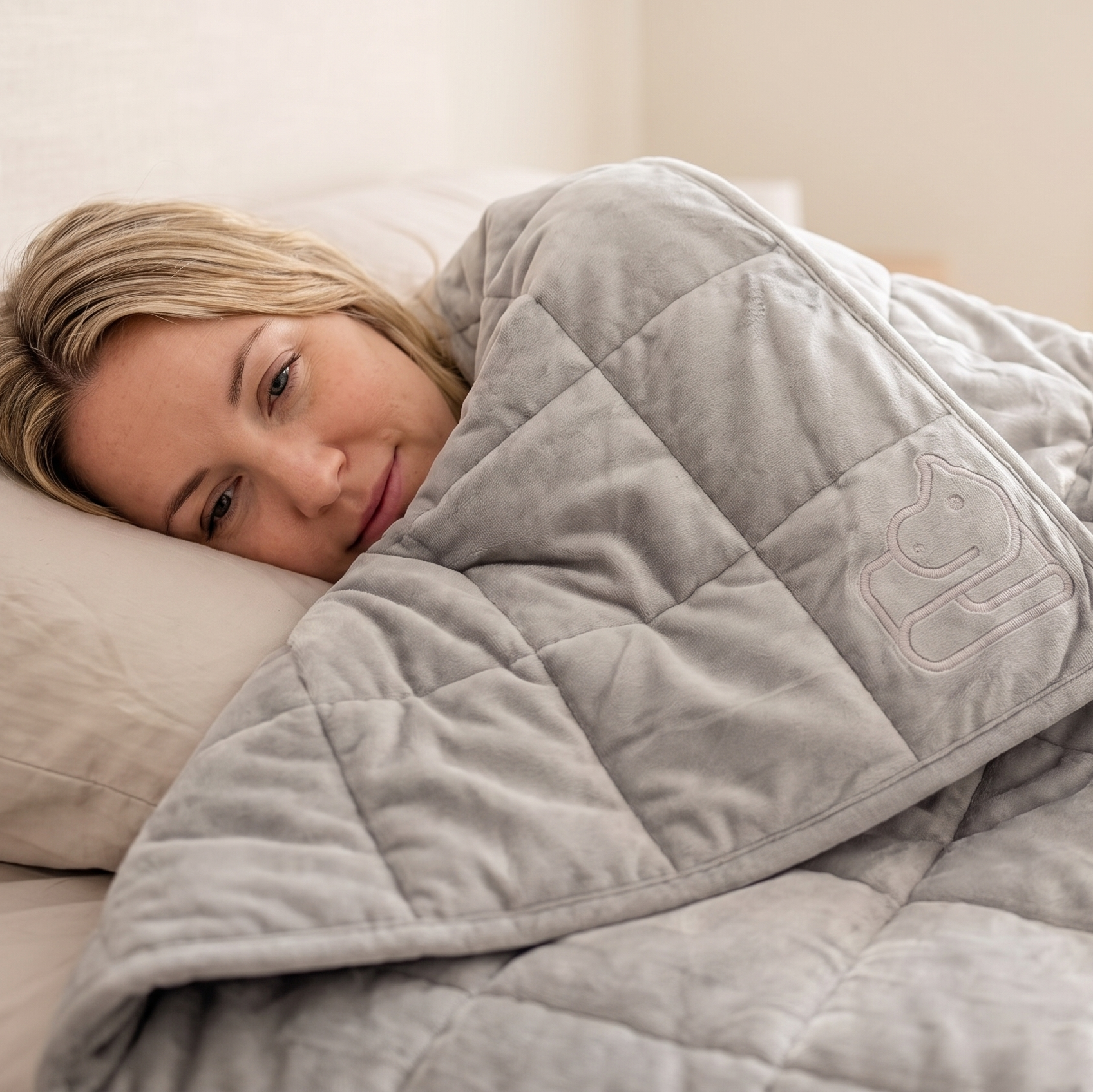 A woman lying in bed under a light gray weighted blanket with a subtle embroidered hippo logo, in a softly lit bedroom setting.