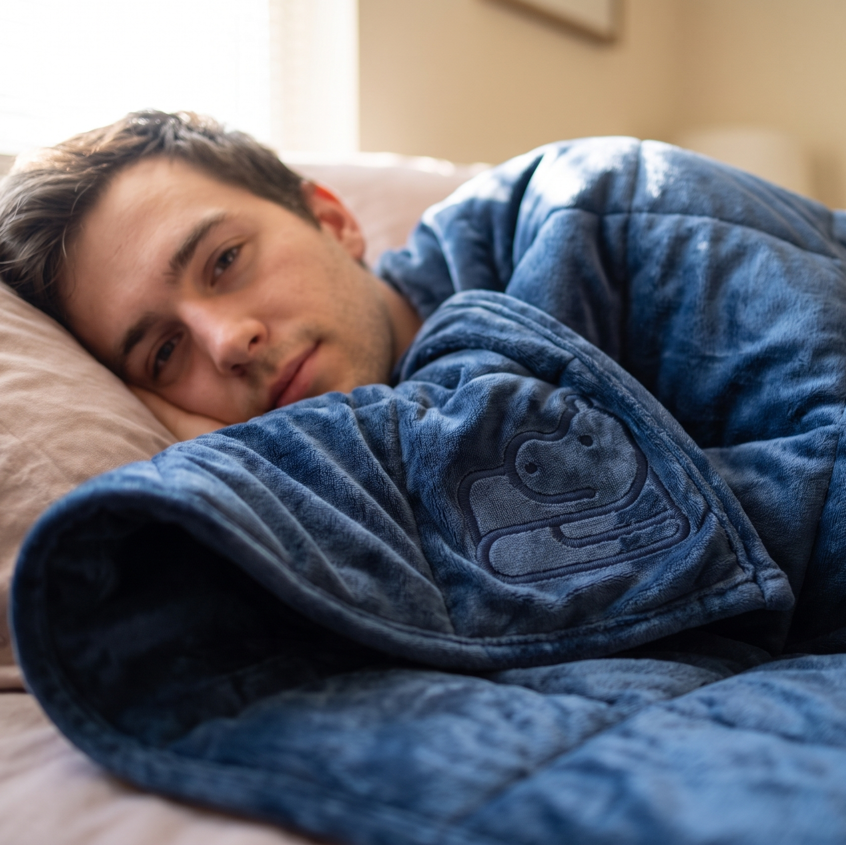 A man lying in bed under a blue weighted blanket, with his face visible over a pillow in a softly lit bedroom.