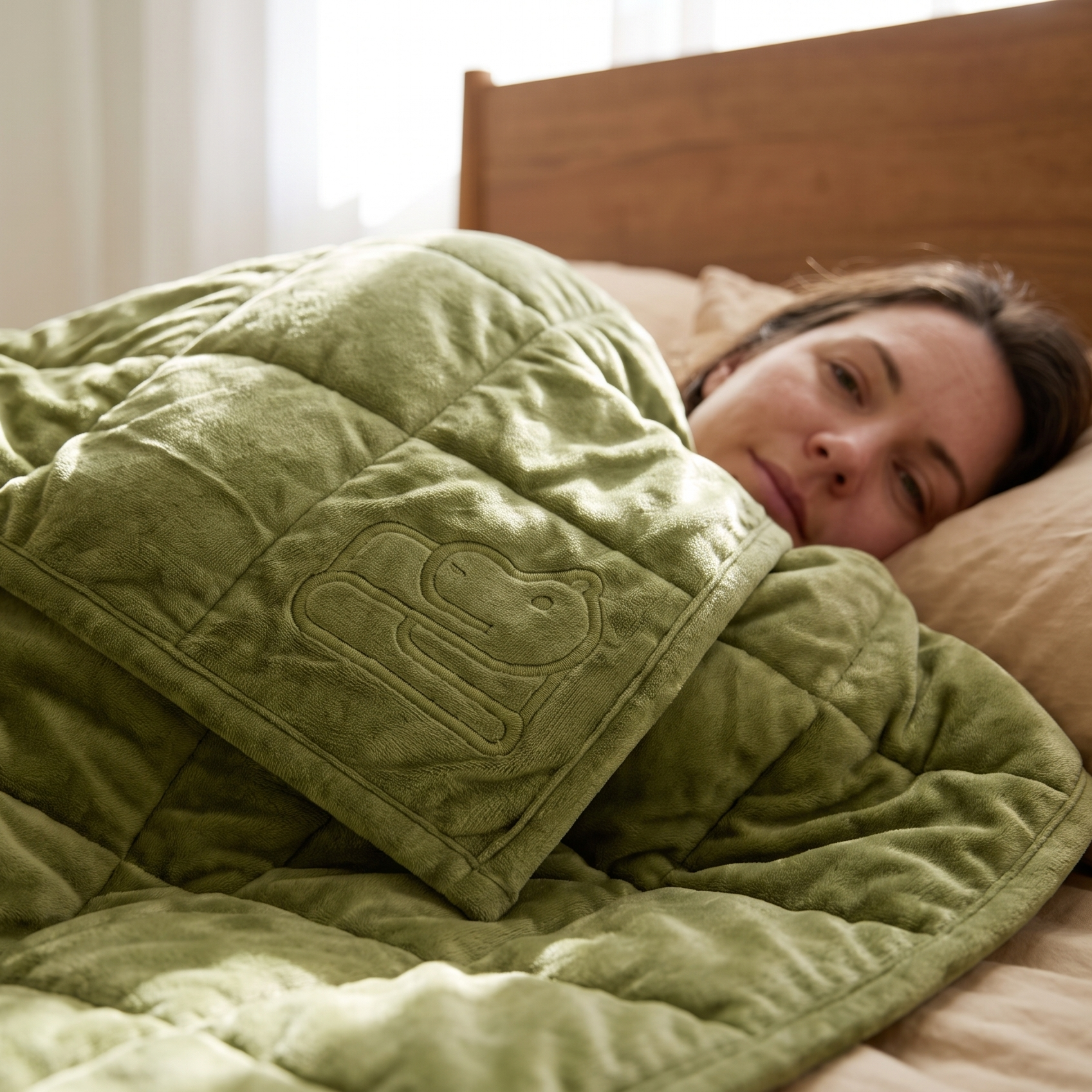 A woman lying in bed under a plush quilted sage green weighted blanket with a matching pillow, in a softly lit bedroom.
