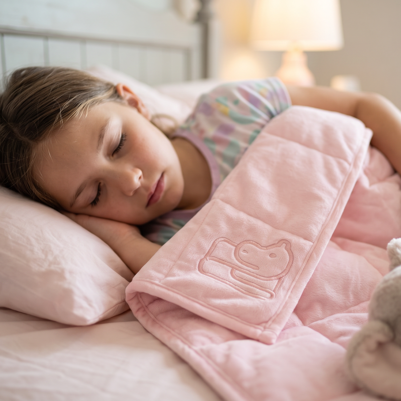 A young girl sleeping soundly on a bed, covered with a soft pink weighted blanket featuring an embroidered hippo design. A plush gray stuffed animal rests beside her, and a warm lamp glows in the softly lit bedroom background.