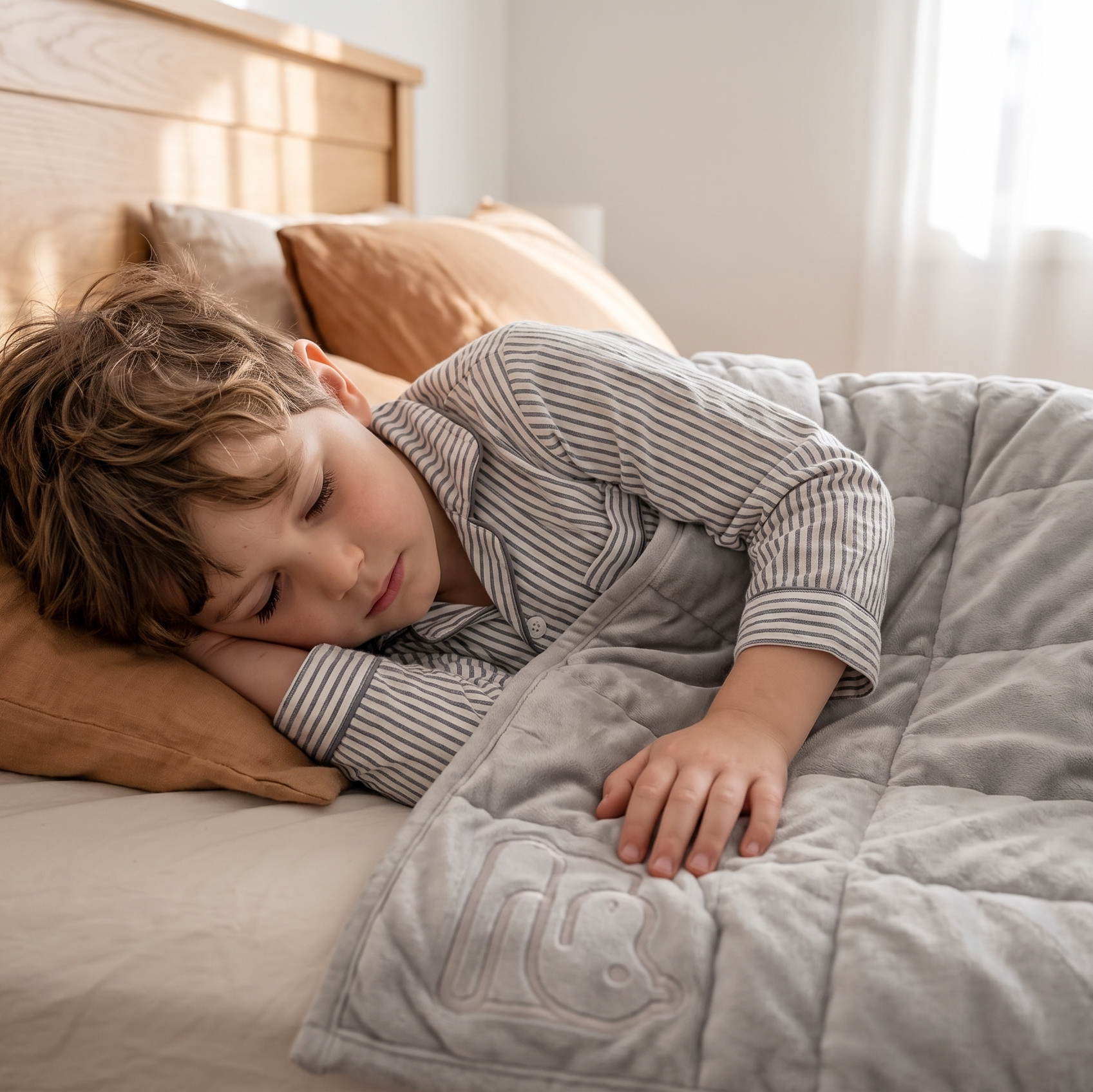 A child sleeping soundly on their side under a gray weighted blanket on a bed with brown pillows.