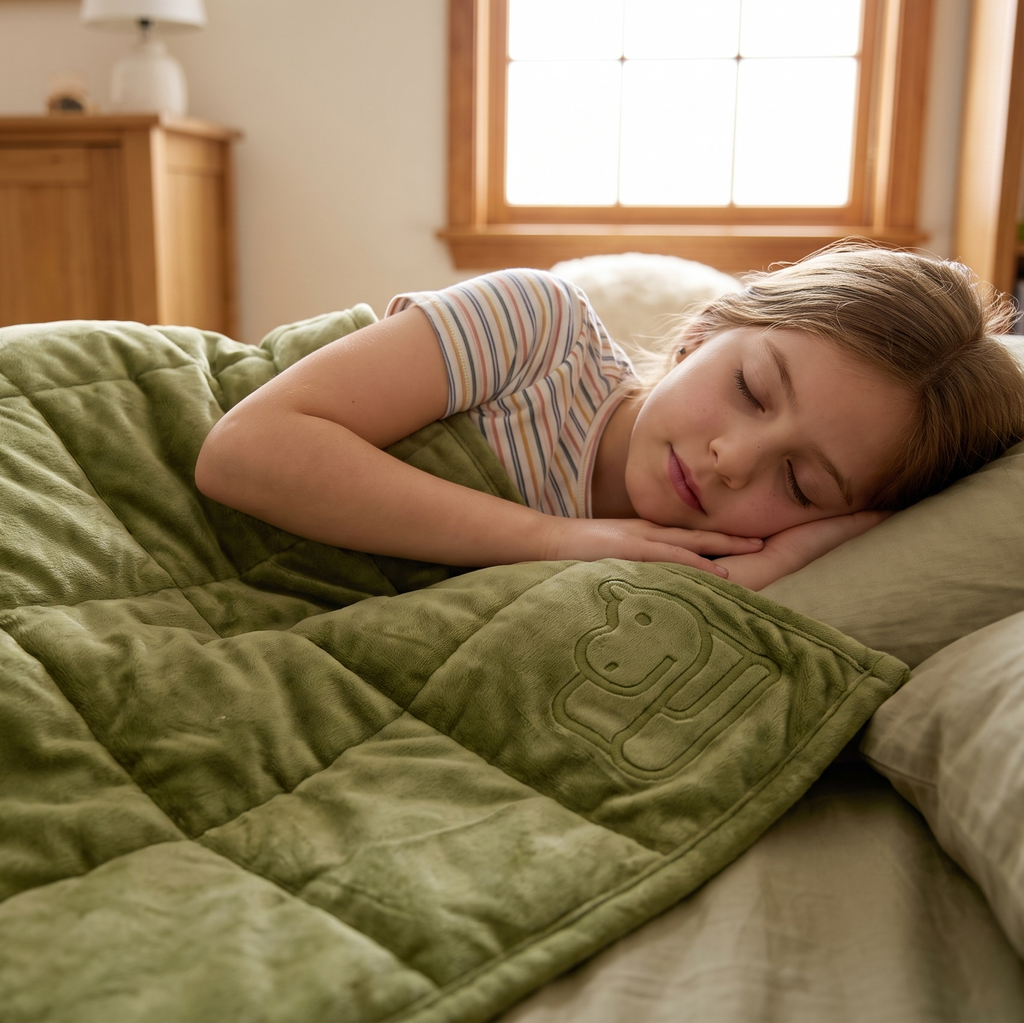 A young girl sleeping soundly on a bed, covered with a plush sage green weighted blanket. The bedroom has warm wood tones, a window, and a bookshelf in the background.