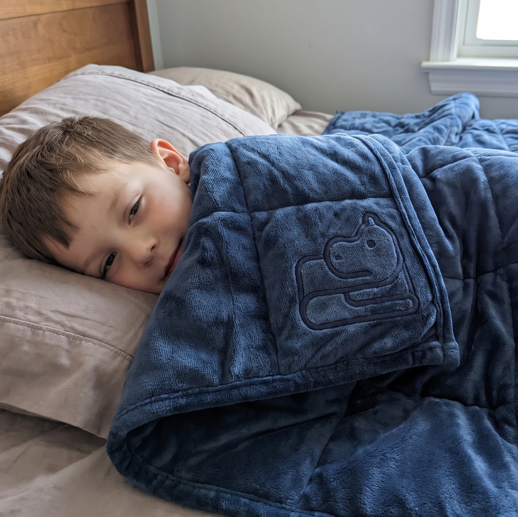 A young boy rests on a bed under a plush blue weighted blanket with an embroidered bear patch, in a bedroom setting.