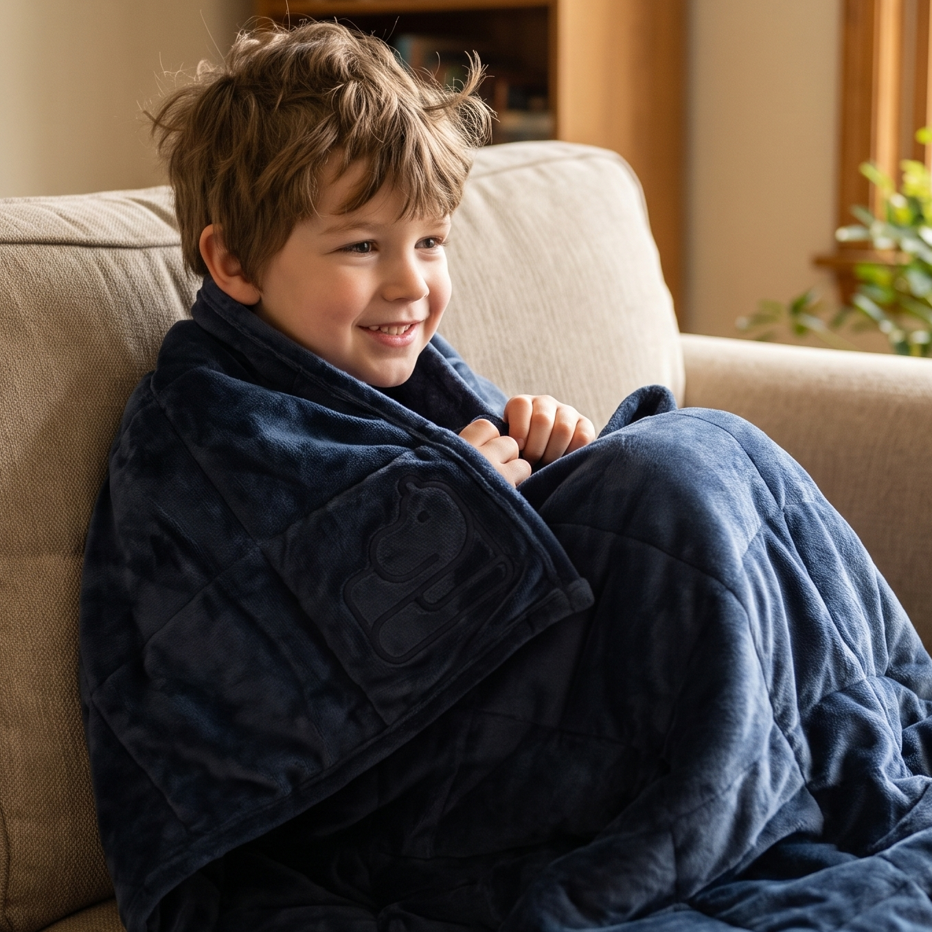 A young boy smiling while wrapped in a plush navy blue weighted blanket, sitting on a beige fabric couch in a cozy living room setting.