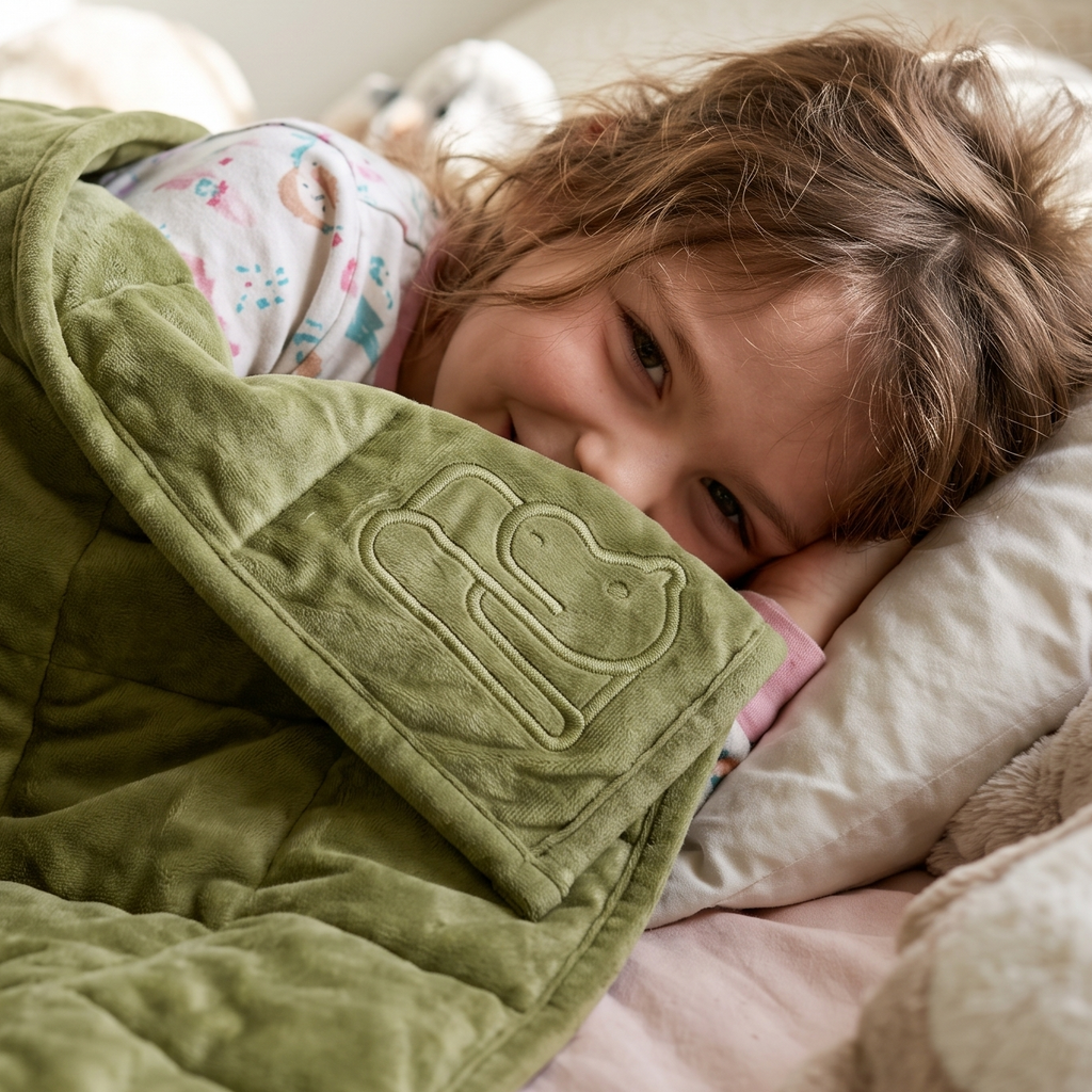 A child lying in bed under a quilted olive green weighted blanket with a large embroidered hippo, surrounded by pillows and stuffed toys in a softly lit bedroom.