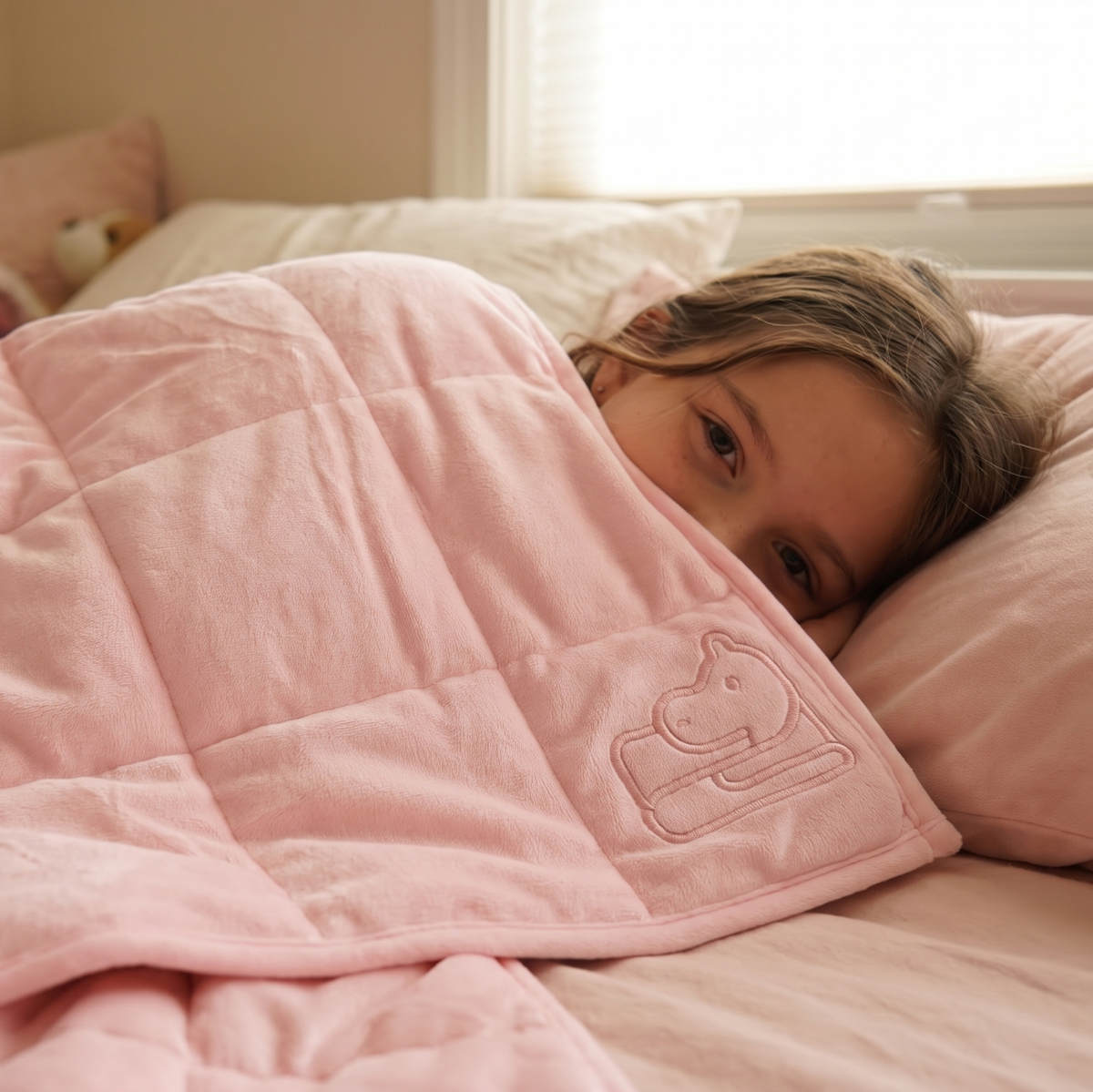 A child lying in bed under a soft pink quilted weighted blanket with a teddy hippo embroidered on the corner, surrounded by pink pillows and bedding in a softly lit bedroom.